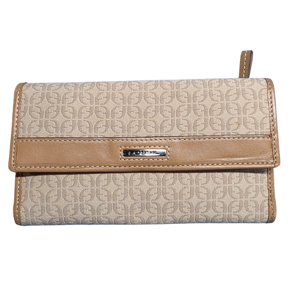 Vintage Y2K Fossil Heritage Monogram Wallet Beige Leather Trim Checkbook Neutral